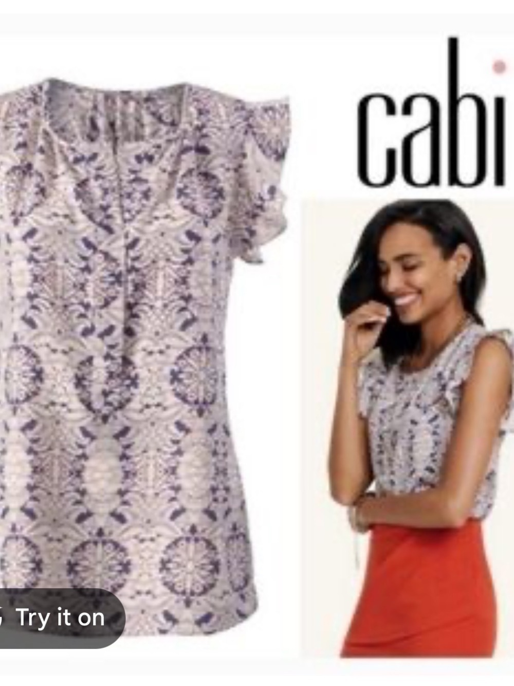 Cabi Style #3074 Stevie Flutter Sleeve Top Size L Multicolor Cream Blue Red